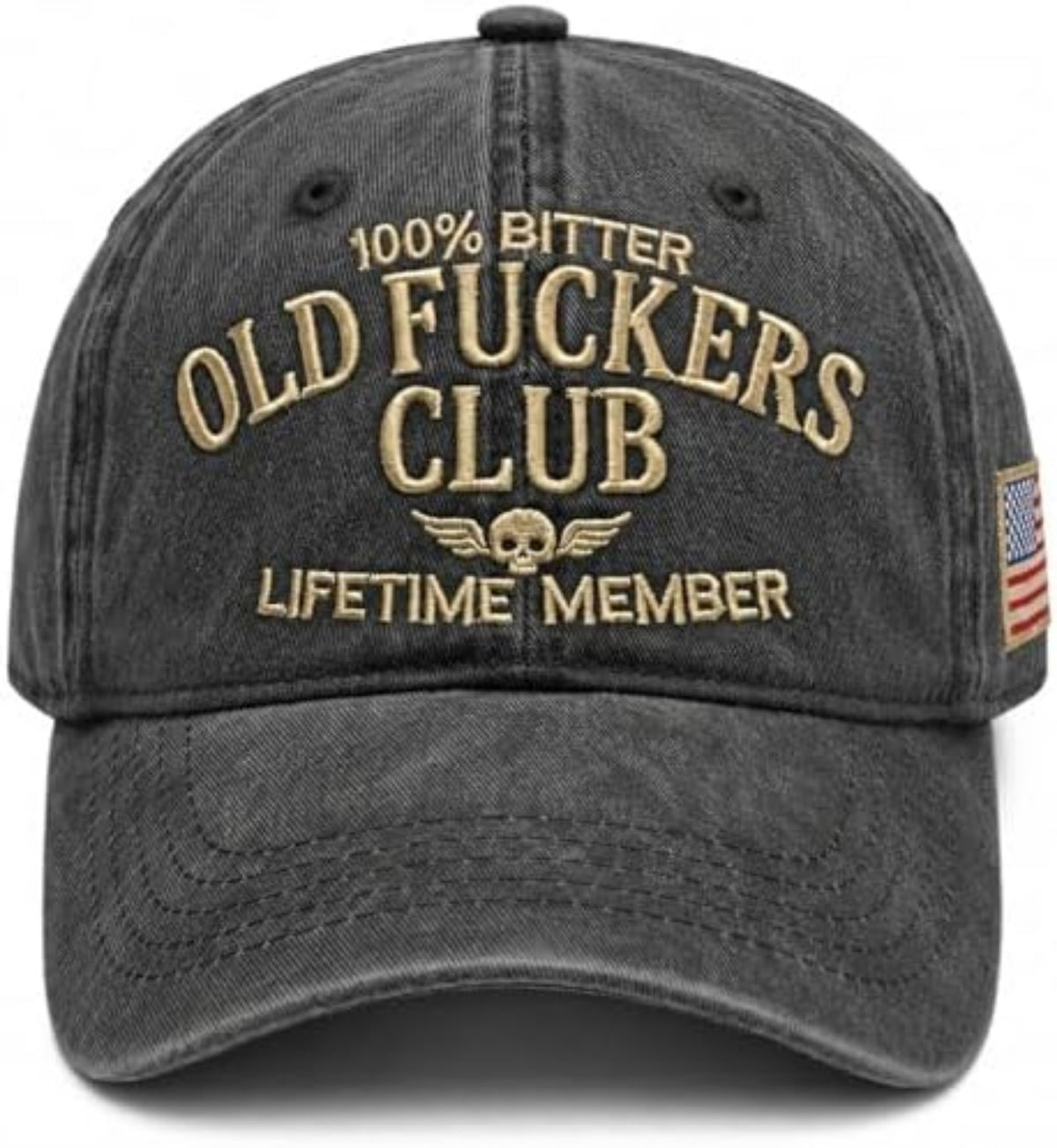 Gorra negra estilo vintage con bordado frontal y bandera estadounidense lateral.