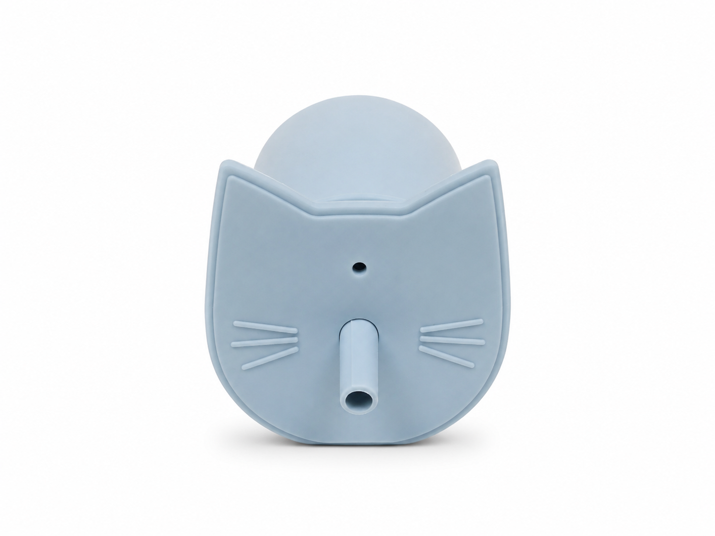 Botella dispensadora portátil de silicona con boquilla y diseño de gato color azul.