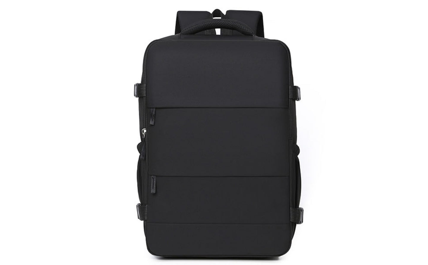 Mochila de viaje negra de gran capacidad con múltiples compartimentos.