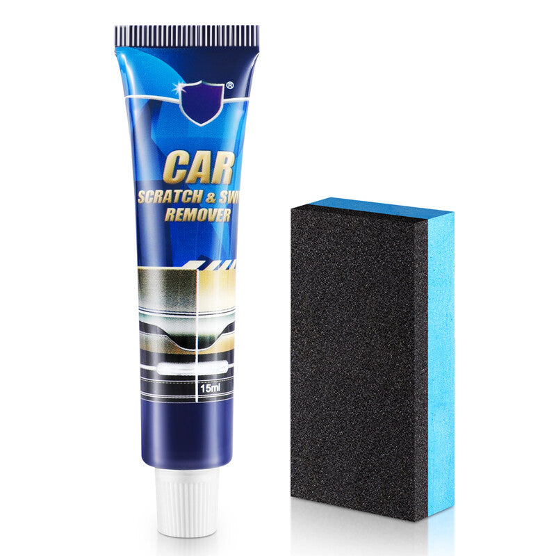 Kit que incluye un tubo de 15 ml de removedor de rayones y remolinos para automóviles junto con una esponja aplicadora.