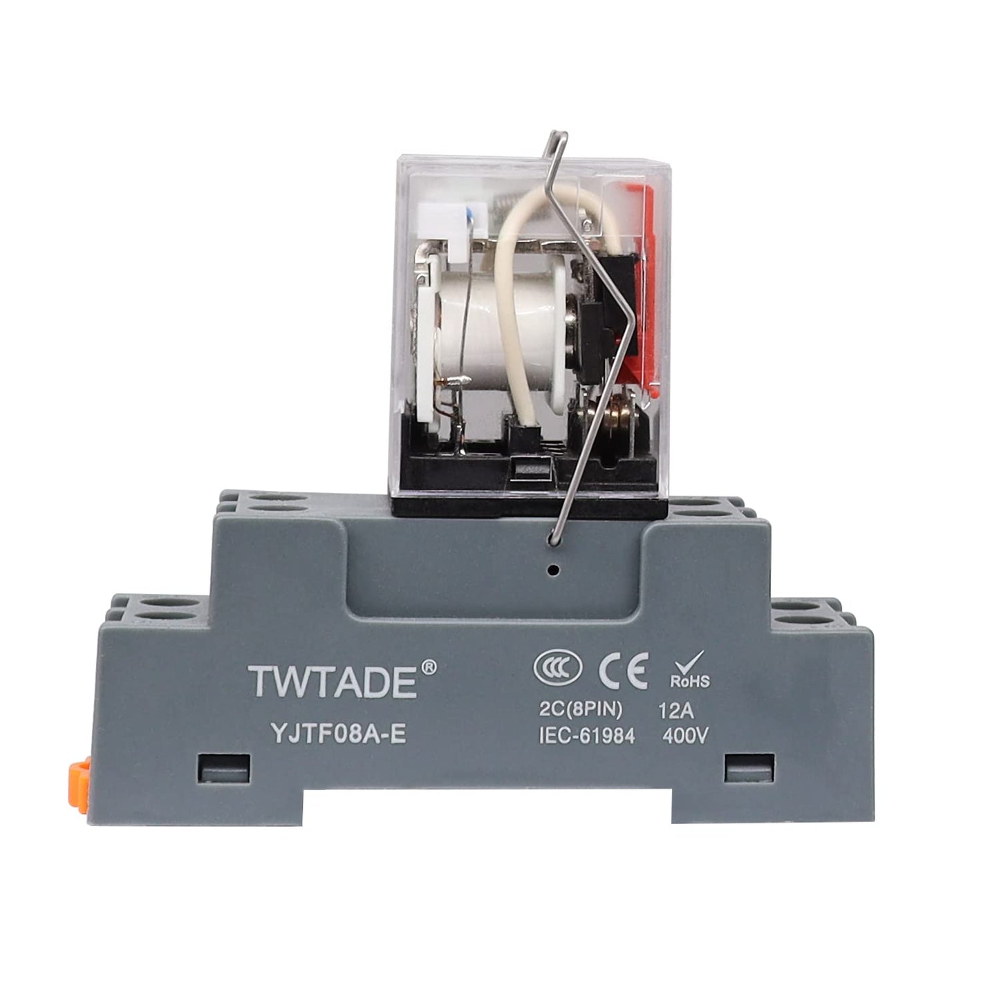 Relé de potencia electromagnético con base de montaje en carril DIN YJTF08A-E.