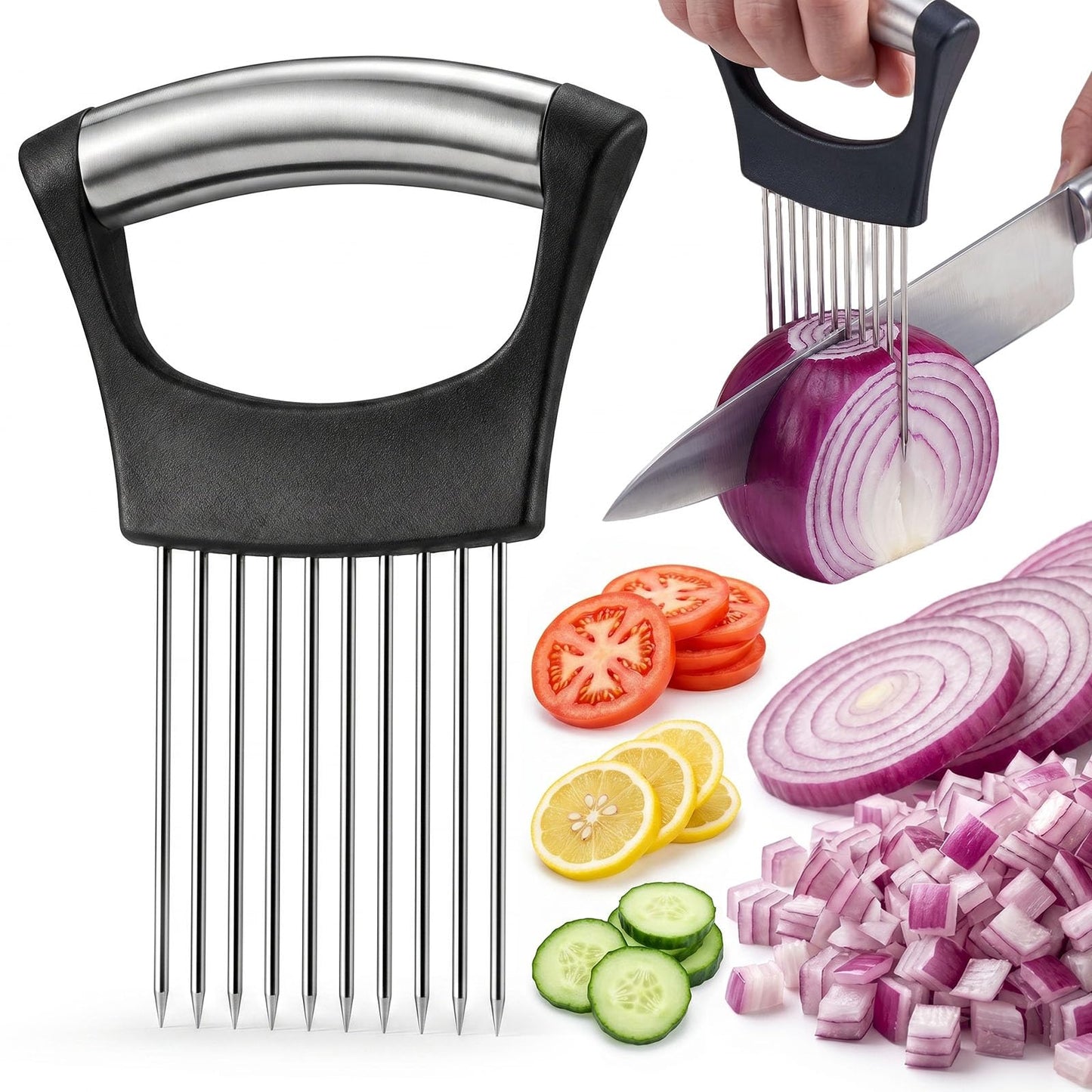 Herramienta de cocina de acero inoxidable de 10 puntas diseñado para sujetar cebollas y otros alimentos firmemente mientras se cortan.
