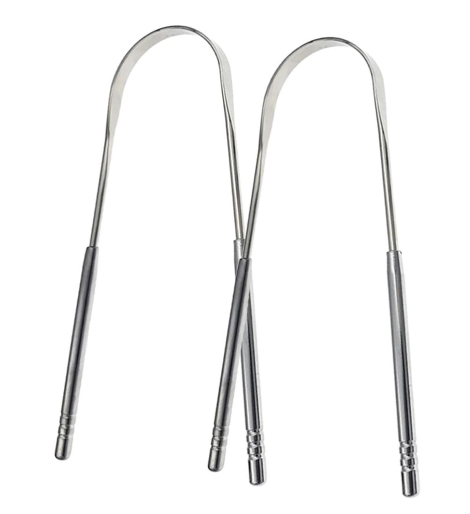Kit de raspadores de lengua de acero inoxidable en forma de U diseñados para una limpieza bucal profunda.
