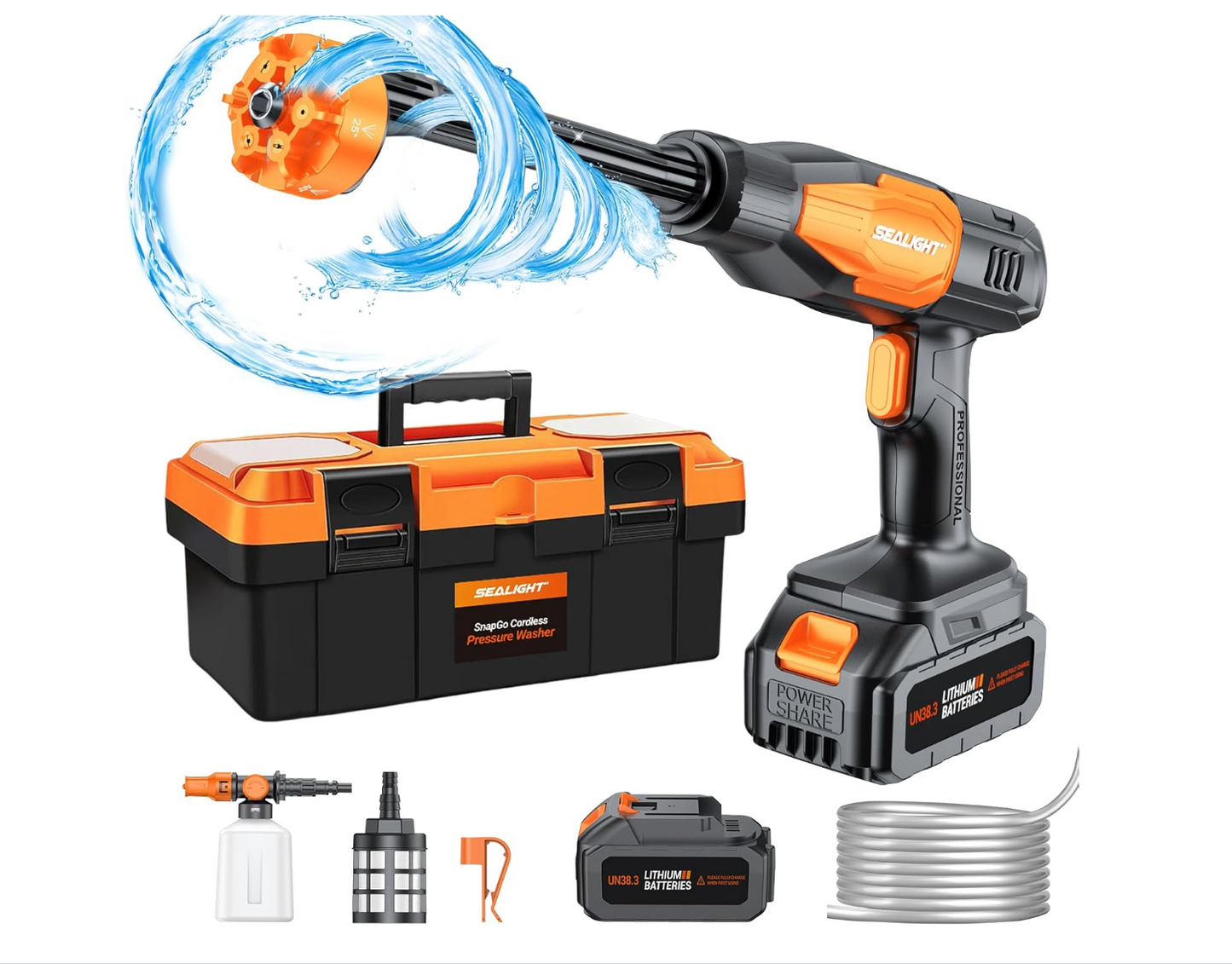 Lavadora a presión inalámbrica portátil, 970 PSI con batería de 3.0Ah y estuche.