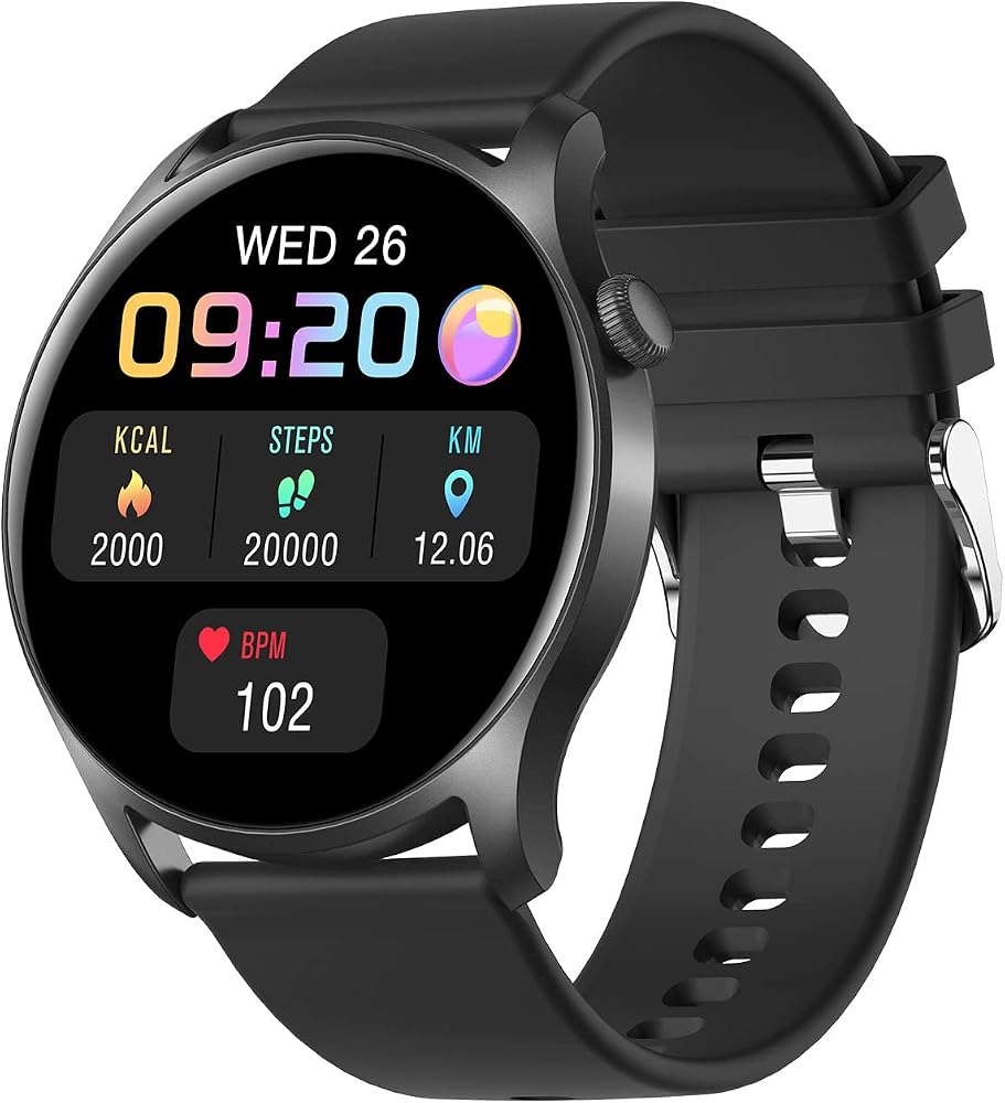 Reloj inteligente con una pantalla táctil circular negra y correa a juego.