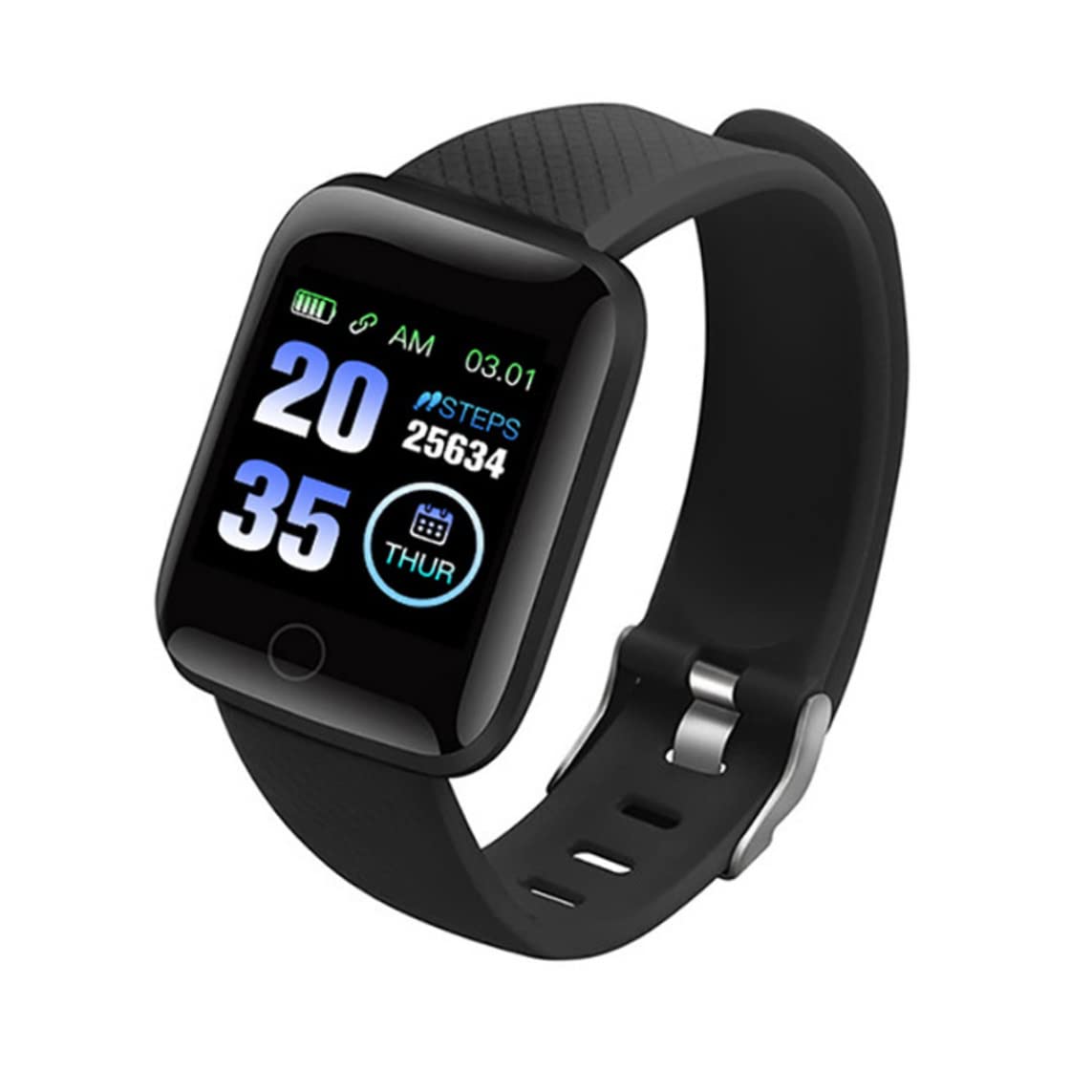 Reloj inteligente D13, que se caracteriza por su correa de silicona negra y pantalla táctil rectangular.