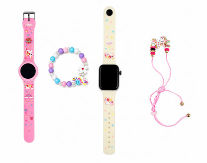 Juego de Accesorios Infantiles con Dos Relojes, Pulsera de Cuentas y Pulsera Ajustable con Unicornio.