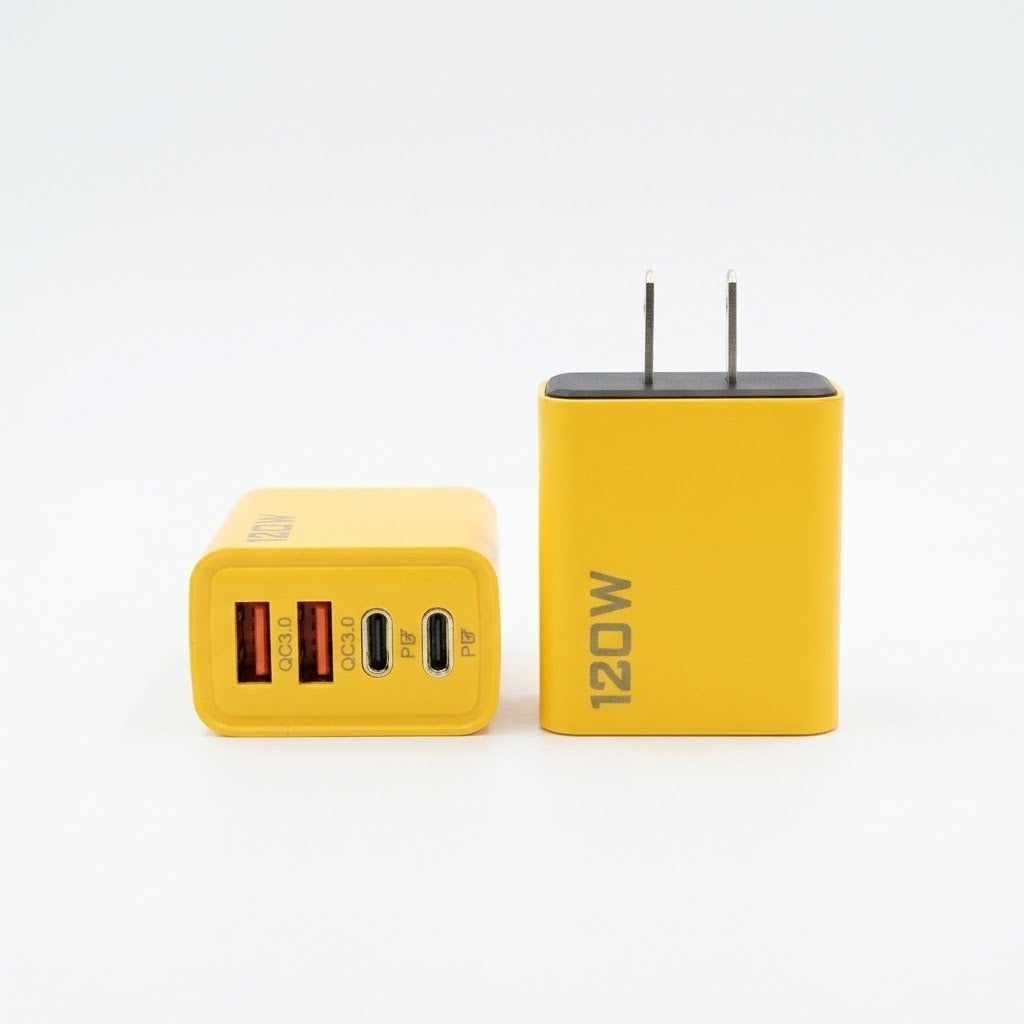 Adaptador de corriente amarillo presenta una potencia máxima de 120W.
