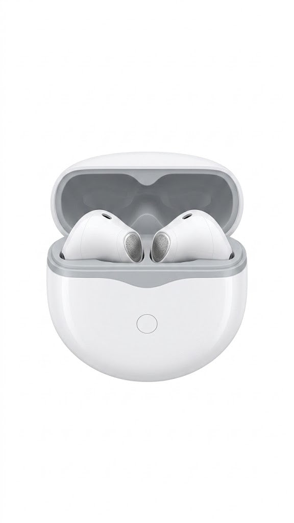 Auriculares inalámbricos que cuentan con un estuche de carga blanco de diseño redondeado.