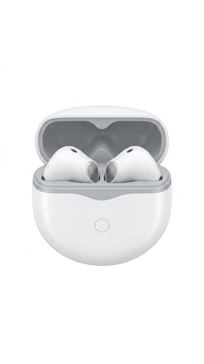 Auriculares inalámbricos que cuentan con un estuche de carga blanco de diseño redondeado.