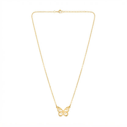 Collar con dije de mariposa y detalles brillantes en color dorado.