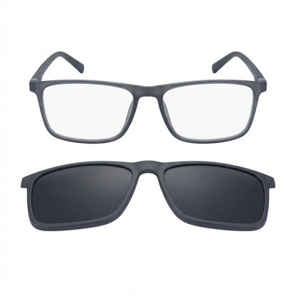Lentes con montura rectangular color negro y clip magnético para sol.