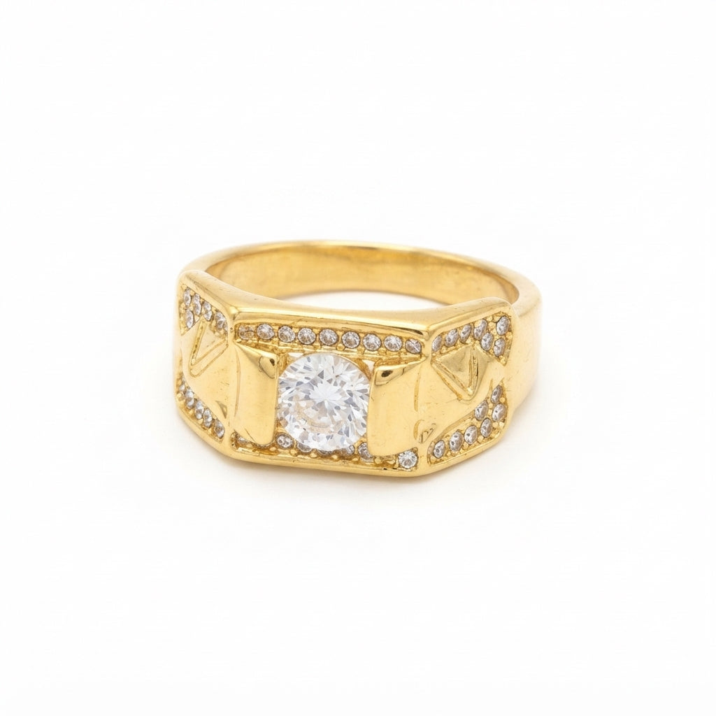 Anillo con piedra central redonda color dorado talla 11.