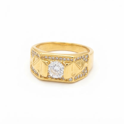 Anillo con piedra central redonda color dorado talla 11.