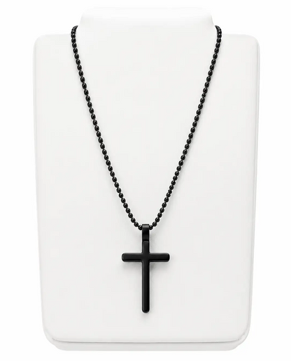 Collar con colgante de cruz negra y cadena de acero inoxidable estilo clásico.