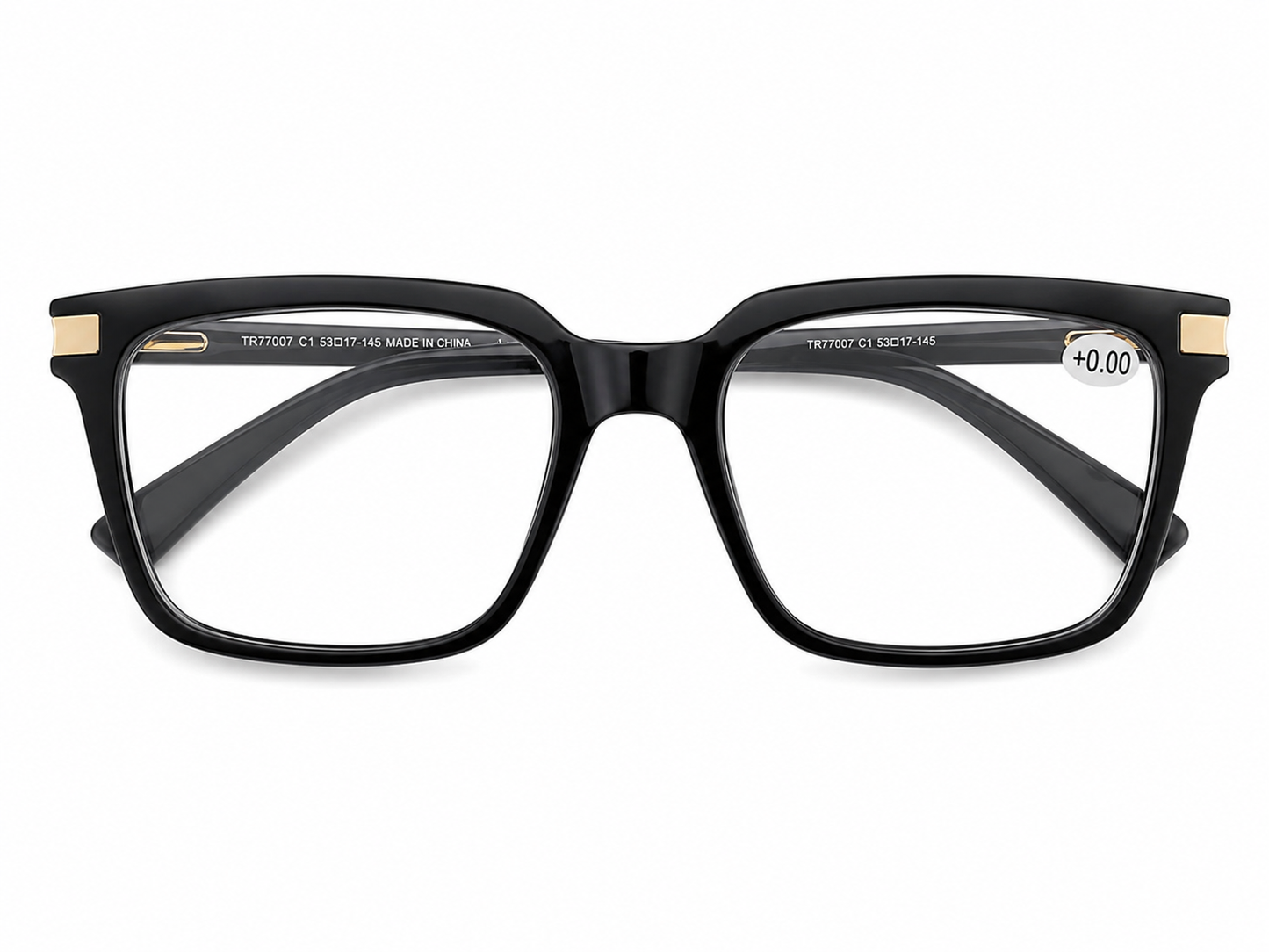 Gafas Rectangulares Negras con Lentes Transparentes y Detalles Dorados.