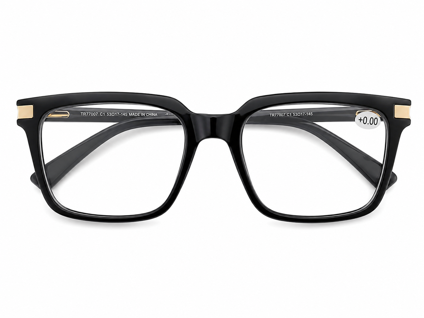 Gafas Rectangulares Negras con Lentes Transparentes y Detalles Dorados.