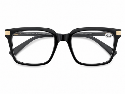 Gafas Rectangulares Negras con Lentes Transparentes y Detalles Dorados.