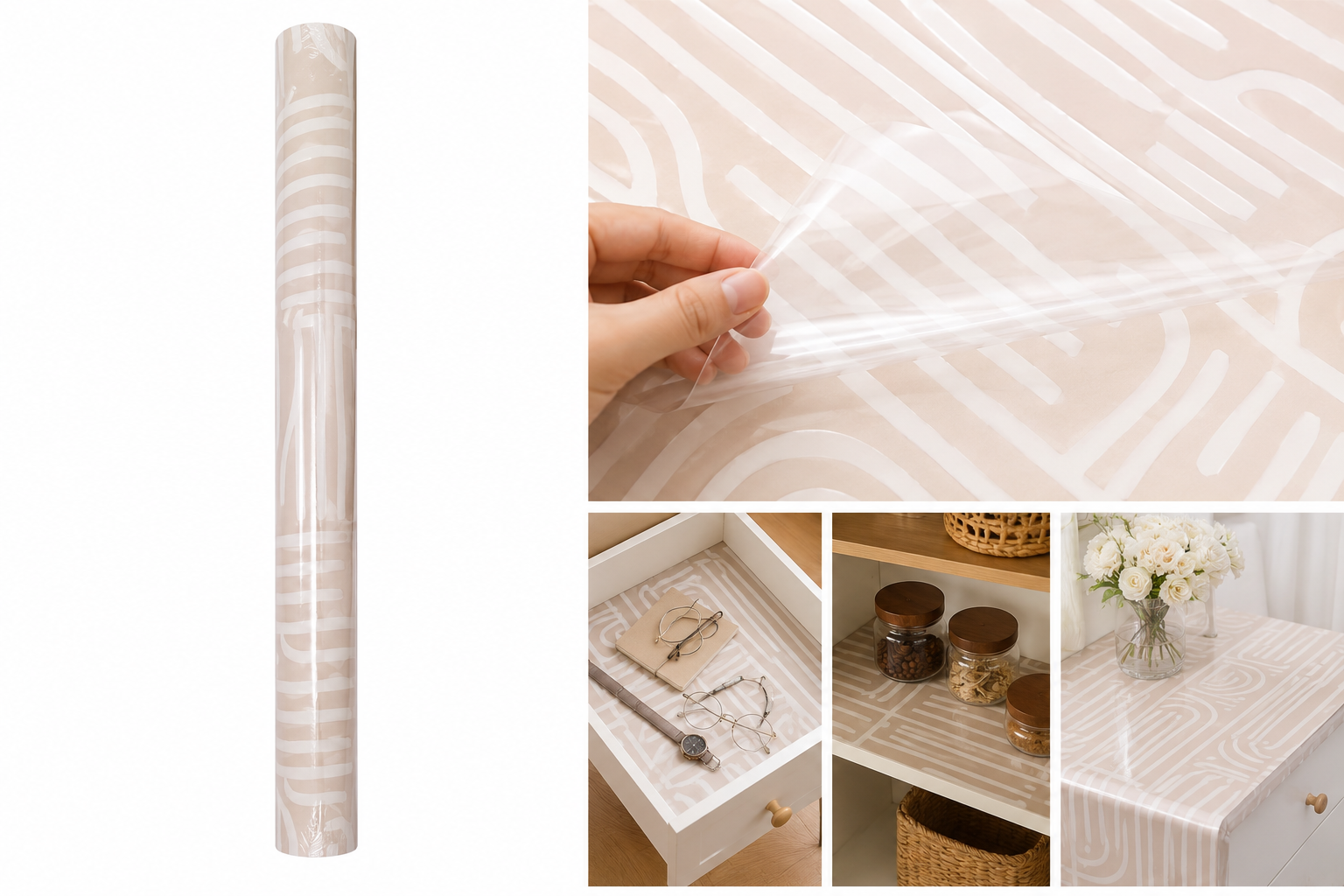 Papel Tapiz Autoadhesivo Impermeable con Diseño Geométrico Beige, 45 x 300 cm.