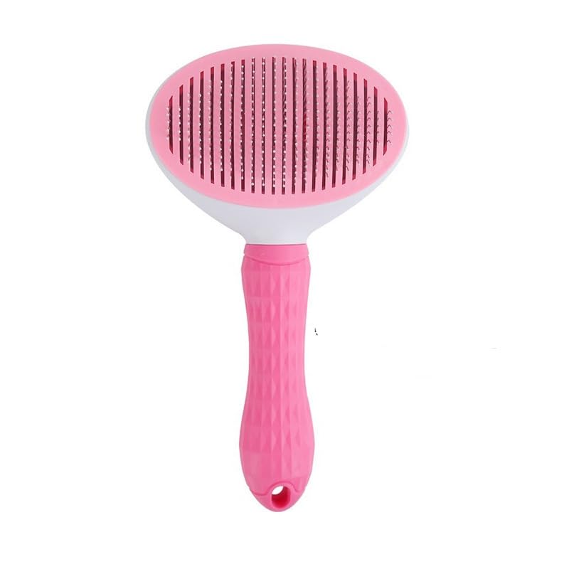 Cepillo para mascotas que cuenta con un mecanismo autolimpiante de un solo clic para retirar el pelo acumulado.