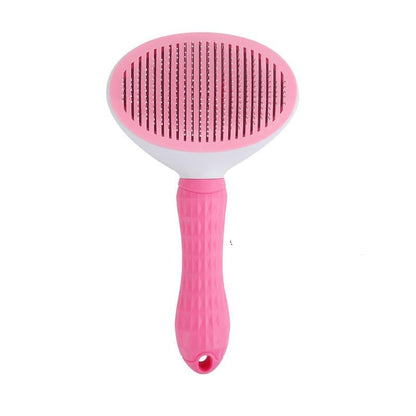 Cepillo para mascotas que cuenta con un mecanismo autolimpiante de un solo clic para retirar el pelo acumulado.