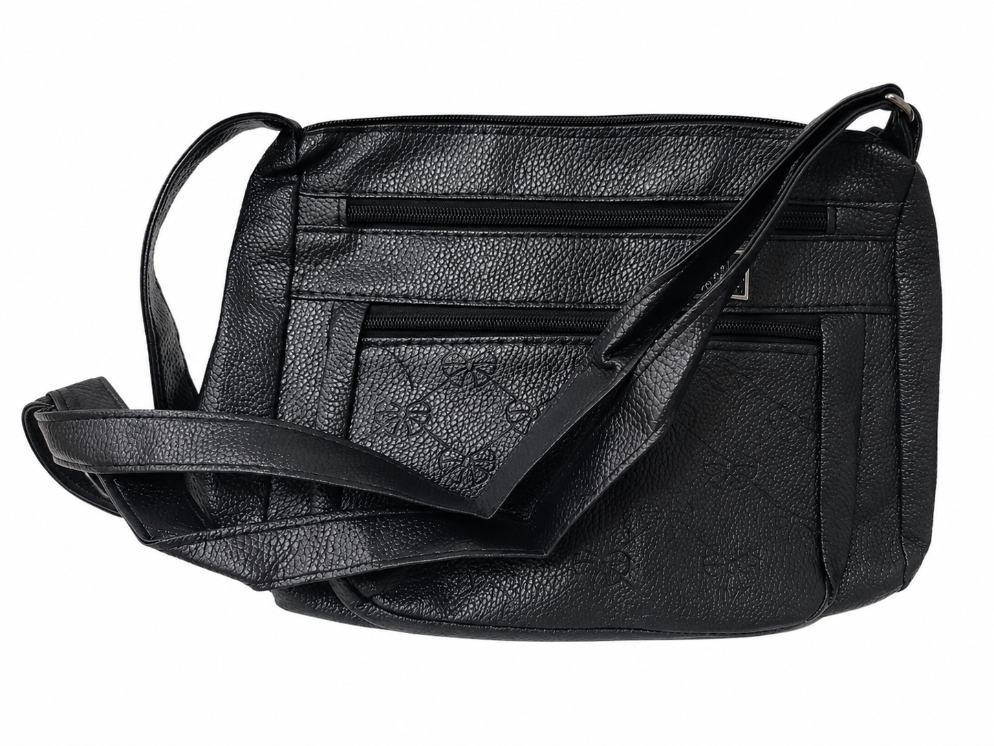 Bolso Negro Crossbody para Mujer con Múltiples Bolsillos y Cierres.