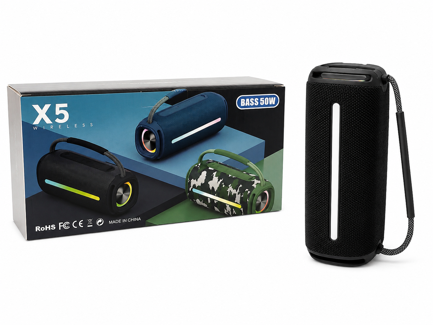 Altavoz inalámbrico portátil con iluminación LED y correa de transporte.