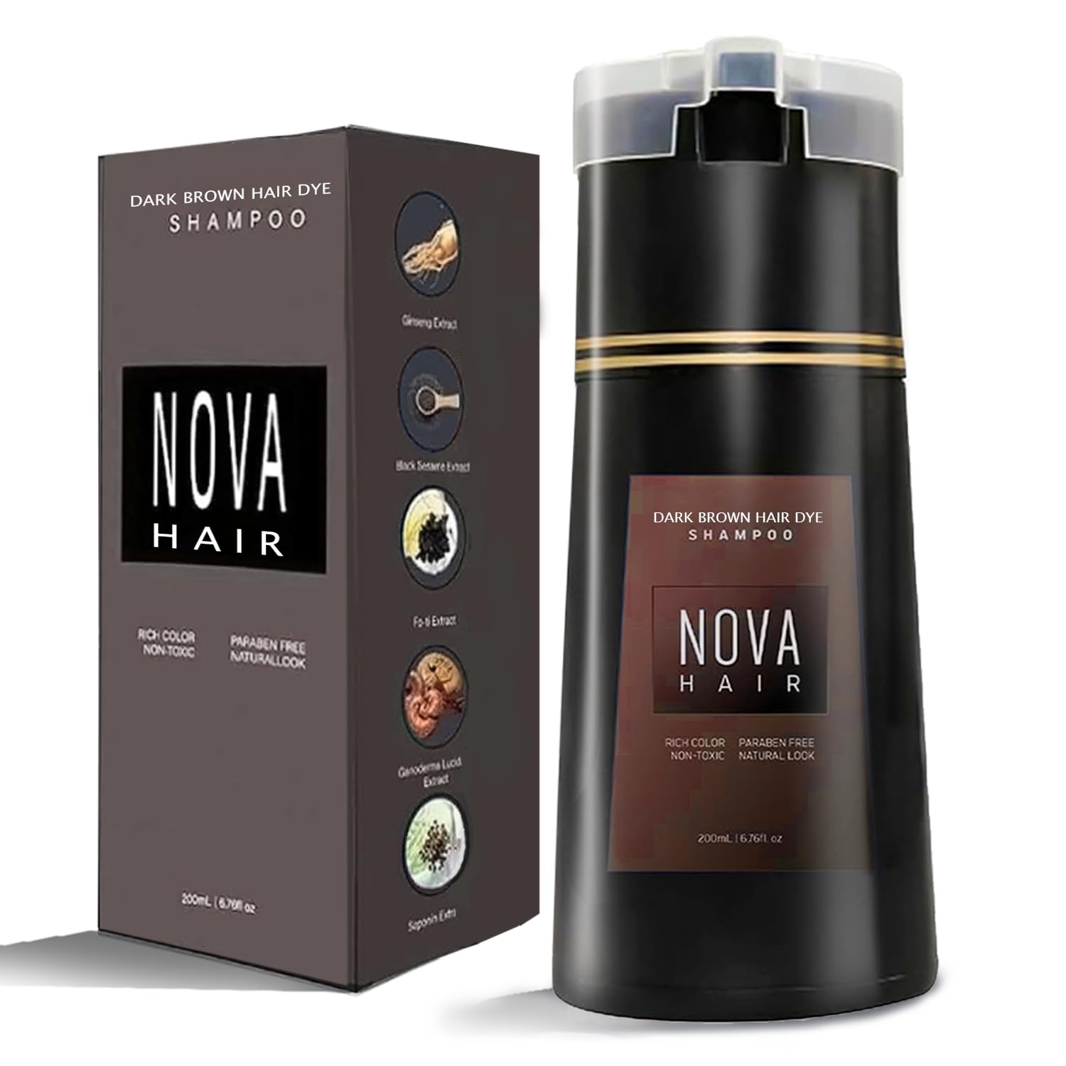 Champú de tinte 3 en 1 diseñado para cubrir las canas de forma rápida y práctica tanto en hombres como en mujeres en tono marron.