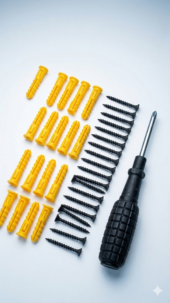 Kit incluye varios componentes esenciales para fijar objetos a paredes, con destornillador incluido.