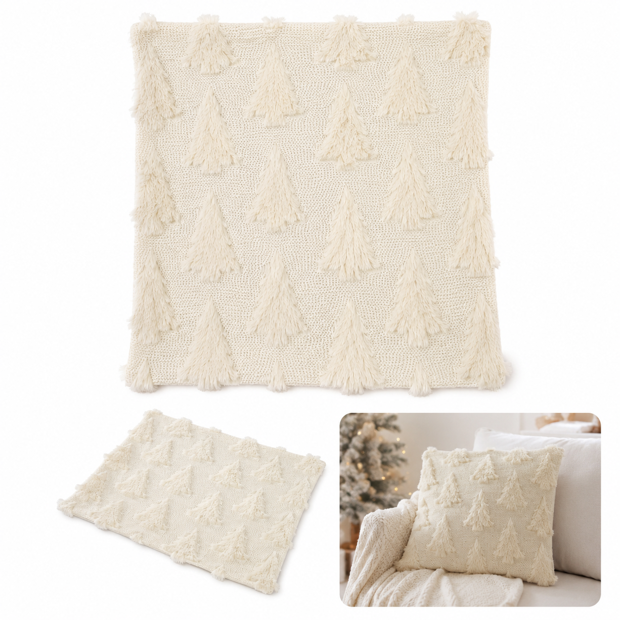 Funda de Almohada Decorativa Tejida con Diseño Texturizado de Árboles en Color Marfil.