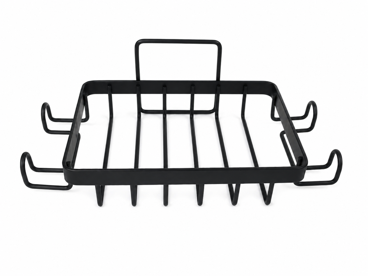 Organizador metálico multifuncional para cocina y baño con ganchos color negro.