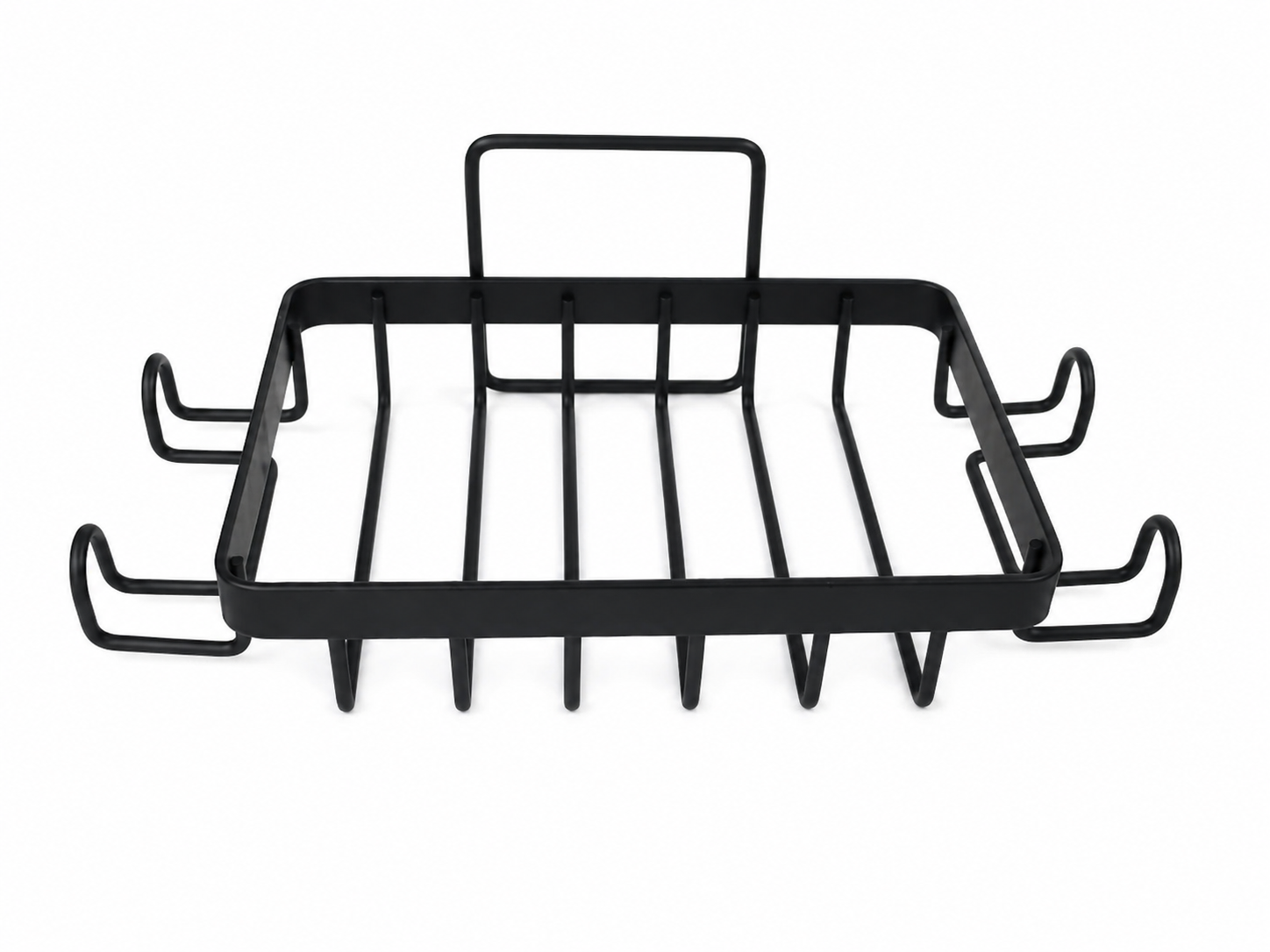 Organizador metálico multifuncional para cocina y baño con ganchos color negro.
