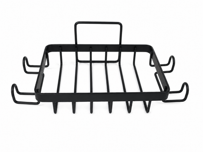 Organizador metálico multifuncional para cocina y baño con ganchos color negro.