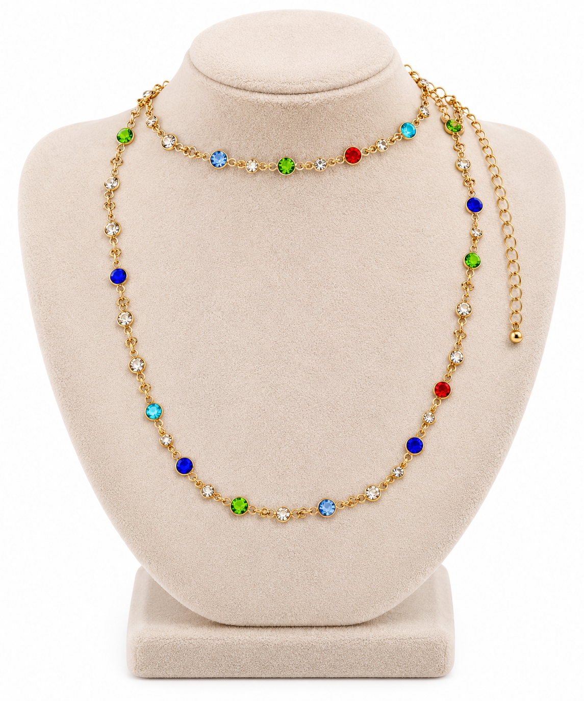 Collar con piedras decorativas multicolor y diseño delicado.
