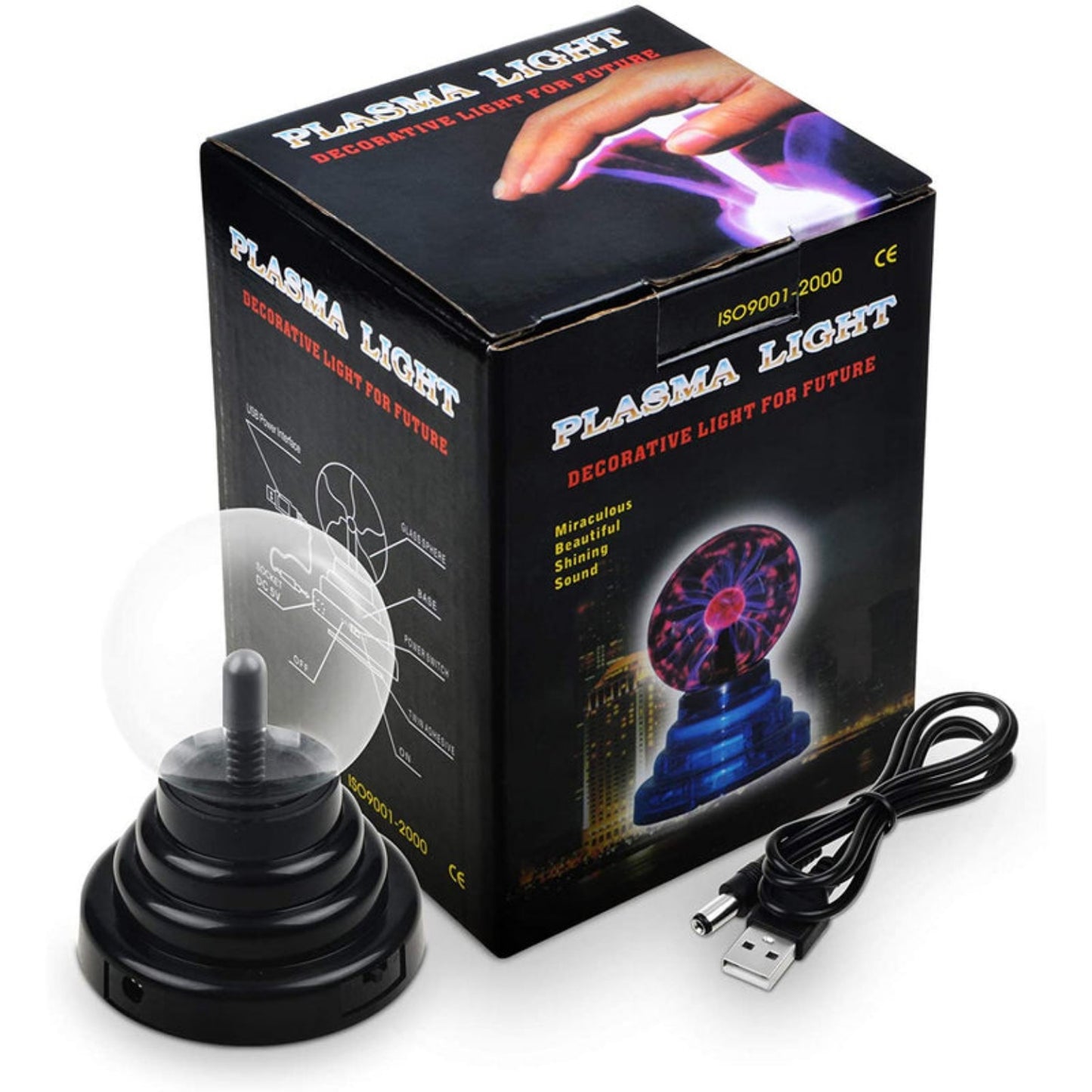Lámpara de Plasma Decorativa con Esfera de Cristal y Alimentación USB.