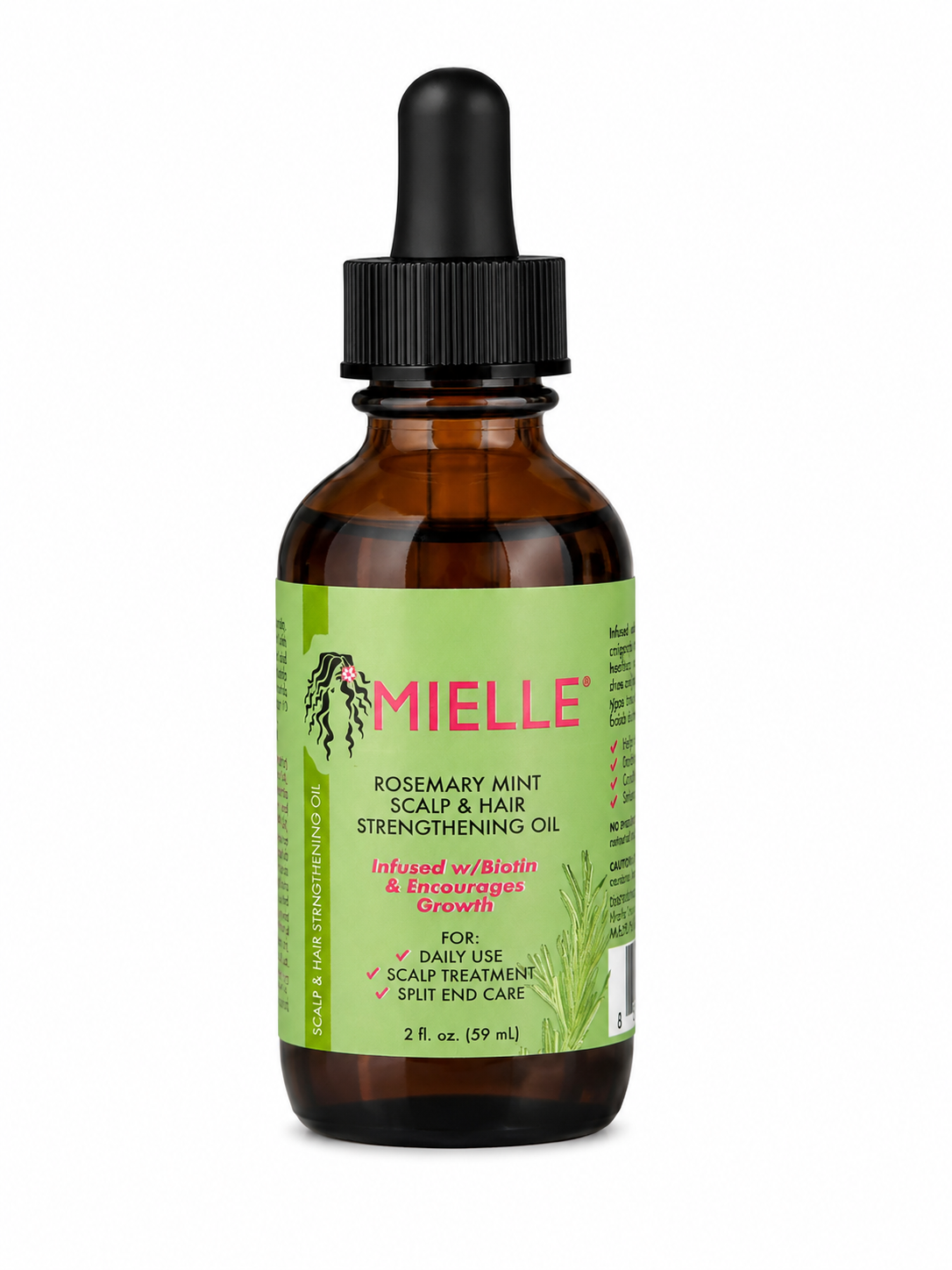 Aceite fortalecedor para cuero cabelludo y cabello con romero, menta y biotina en gotero.