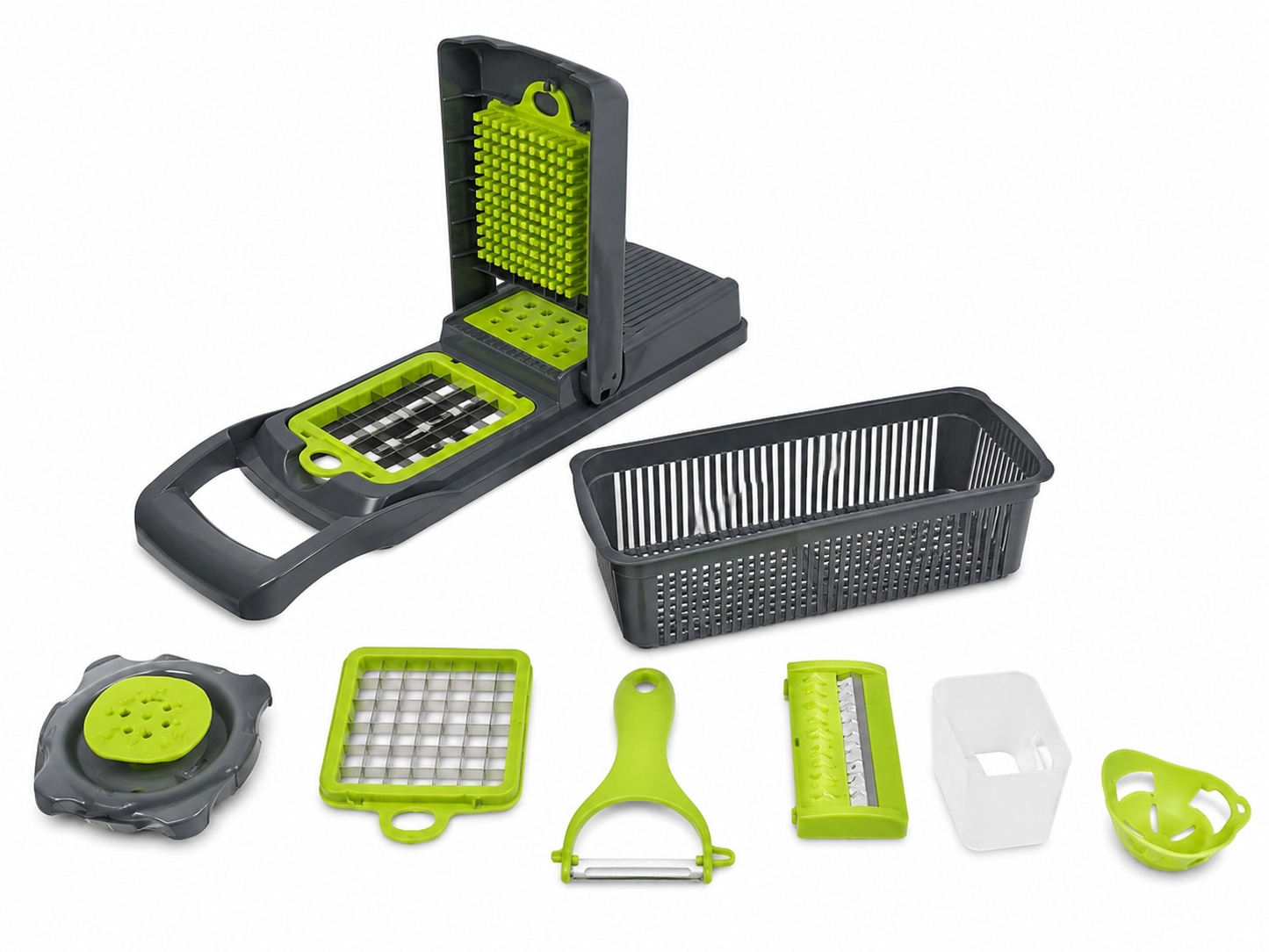 Cortador y picador manual multifuncional de verduras con accesorios.