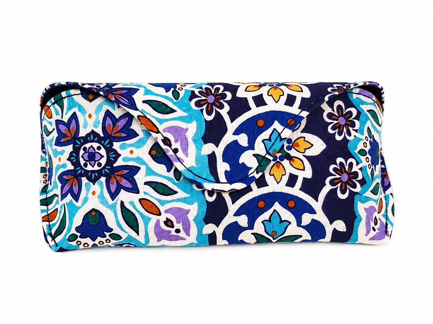 Estuche rígido para lentes con diseño floral multicolor.