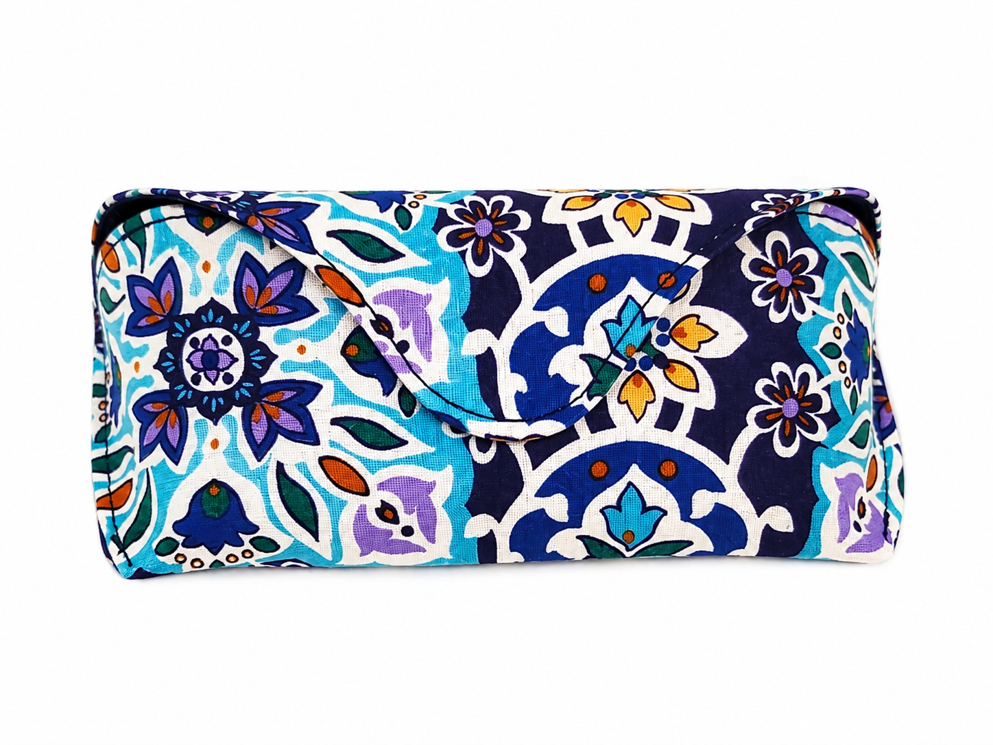 Estuche rígido para lentes con diseño floral multicolor.