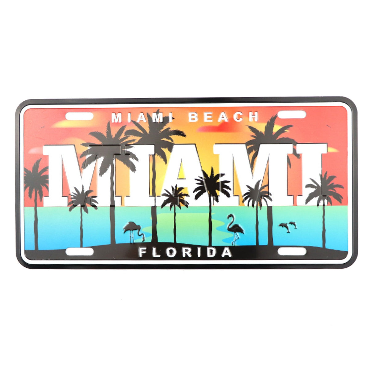 Placa decorativa estilo matrícula con diseño Miami Beach Florida y palmeras.