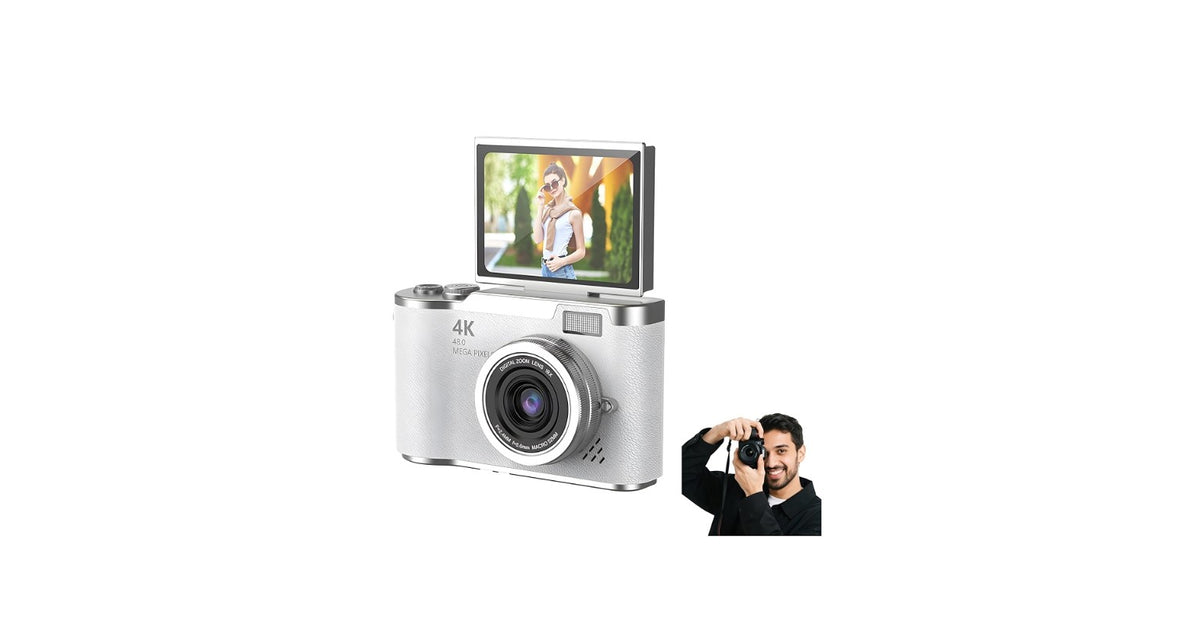 Cámara digital 4K de 48 MP con pantalla abatible para fotografía y video.