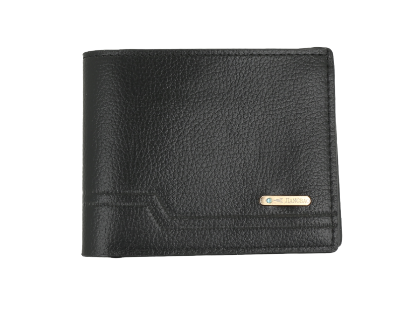Billetera plegable para hombre con textura de cuero sintético negro.