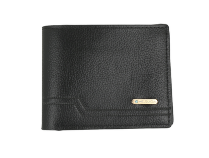 Billetera plegable para hombre con textura de cuero sintético negro.