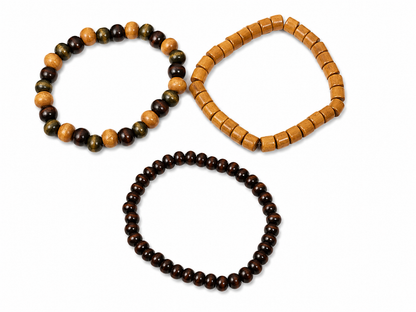 Pulseras elásticas de cuentas de madera estilo artesanal para hombre y mujer, juego de 3 piezas.
