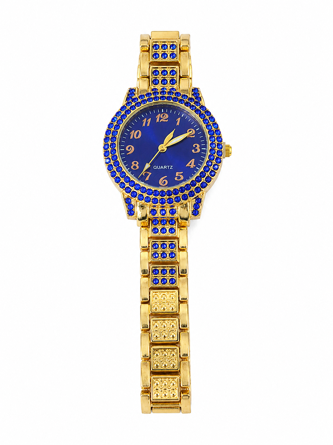 Reloj de Pulsera Elegante con Cristales Azules y Correa Metálica Dorada.