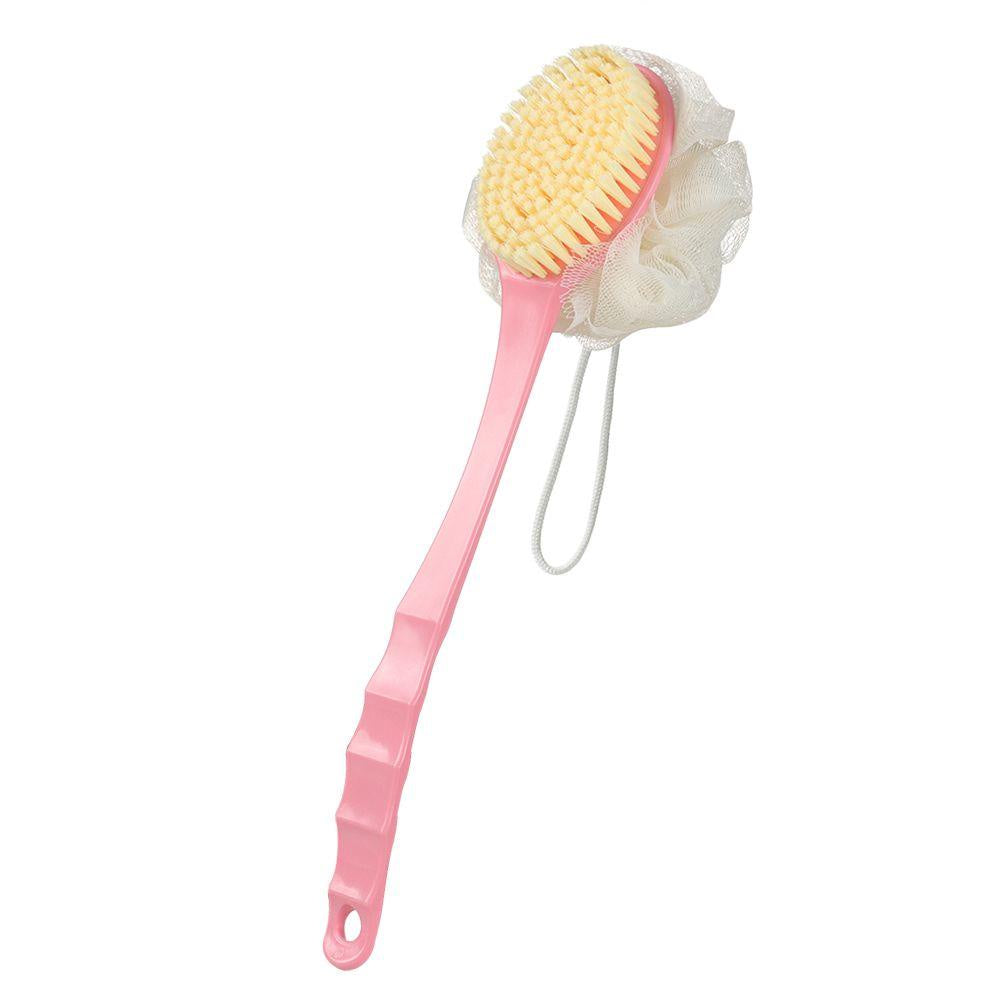 Cepillo de baño 2 en 1 cuenta con cerdas suaves de un lado y una esponja de lufa.