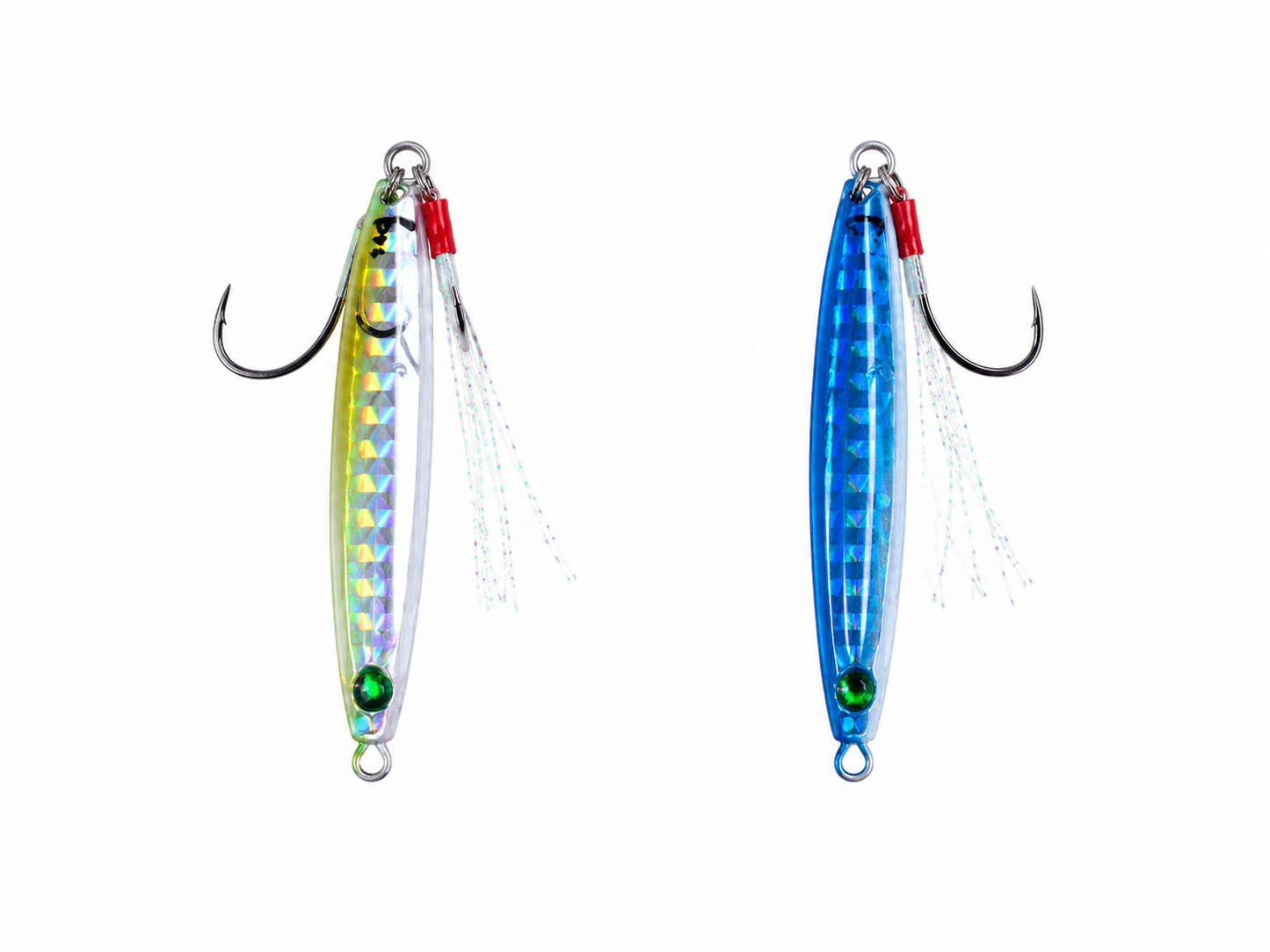 Juego de señuelos metálicos para pesca en colores azul y plateado con acabado holográfico.