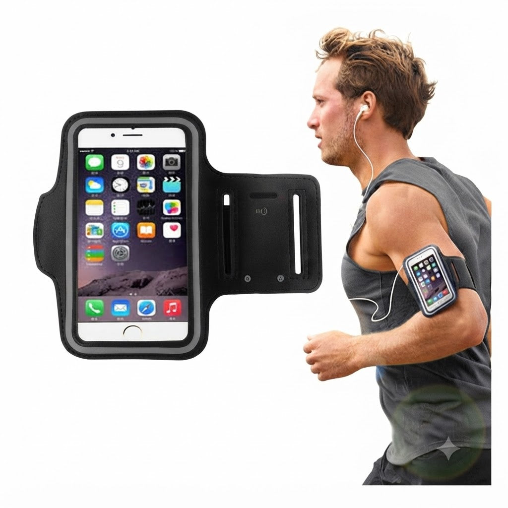 Estuche de brazo universal de color negro está diseñado para sujetar teléfonos inteligentes durante actividades físicas.