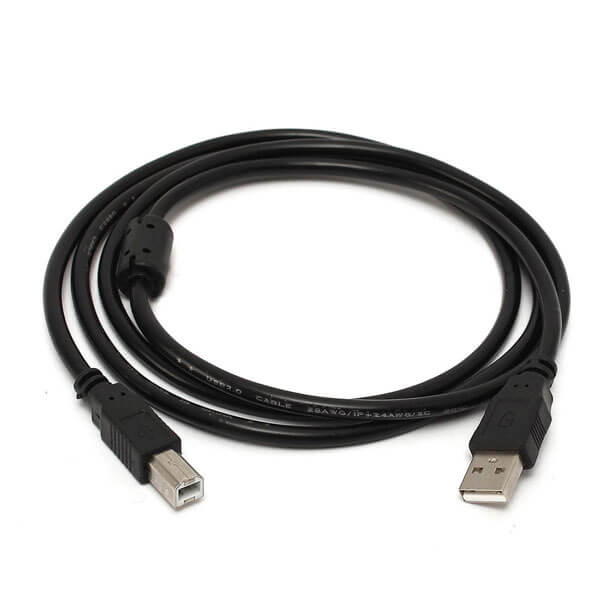 Cable de datos y alimentación USB tipo A a tipo B, comúnmente utilizado para conectar impresoras o escáneres a una computadora.