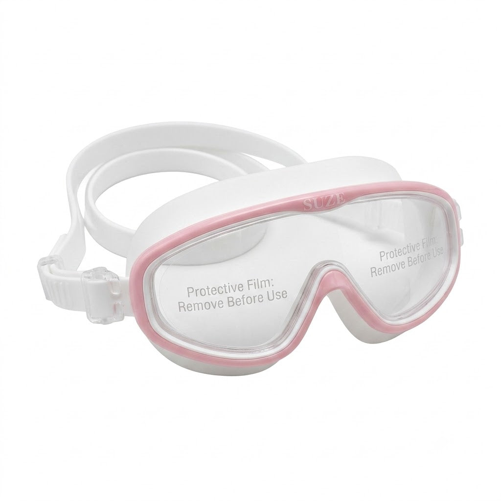 Antiparras de natación cuentan con un marco de silicona de color rosa y blanco.